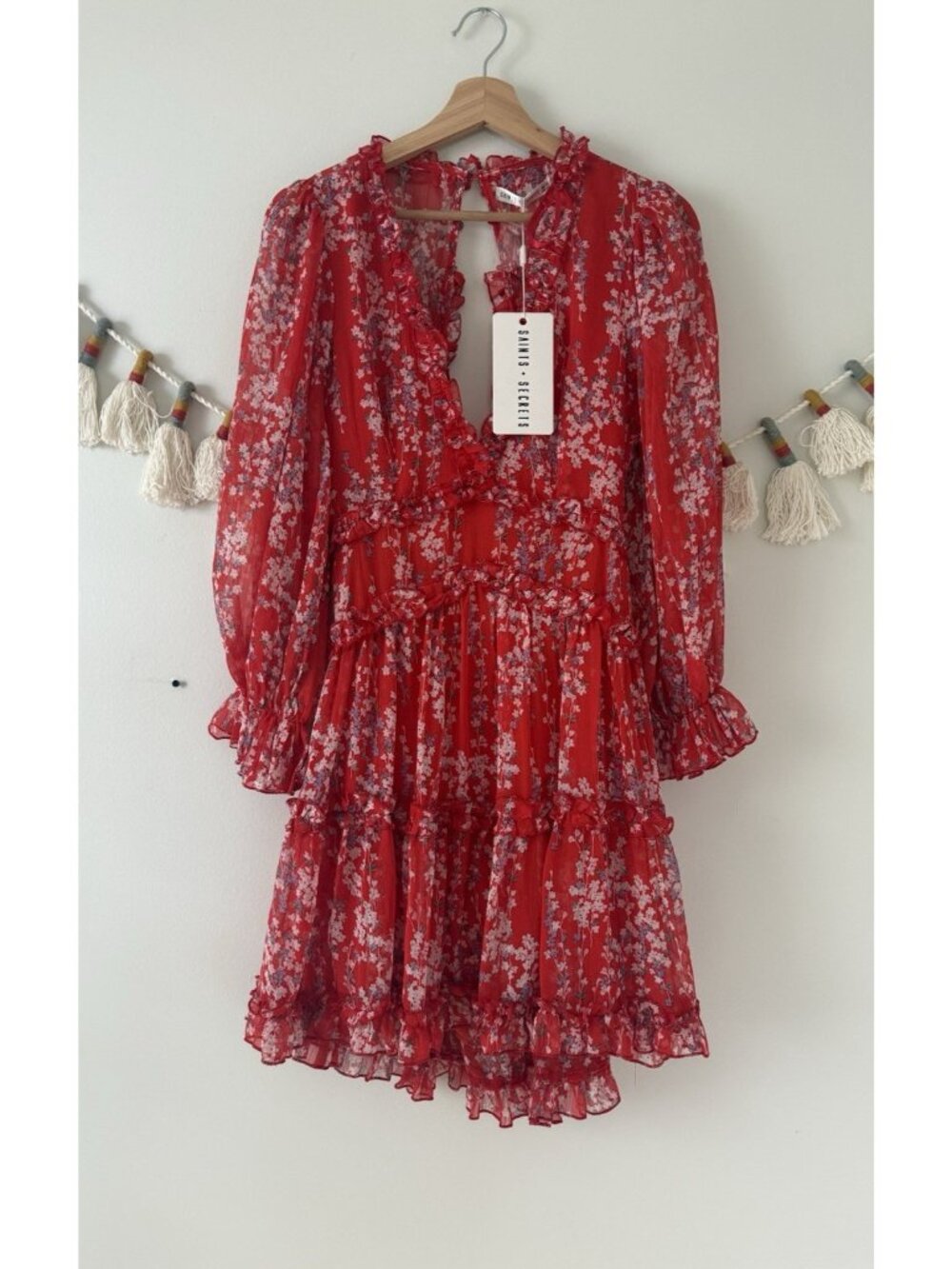 Saints + Secrets Red Floral Ruffle Open Back Tiered Mini Dress Shabby Chic NWT M